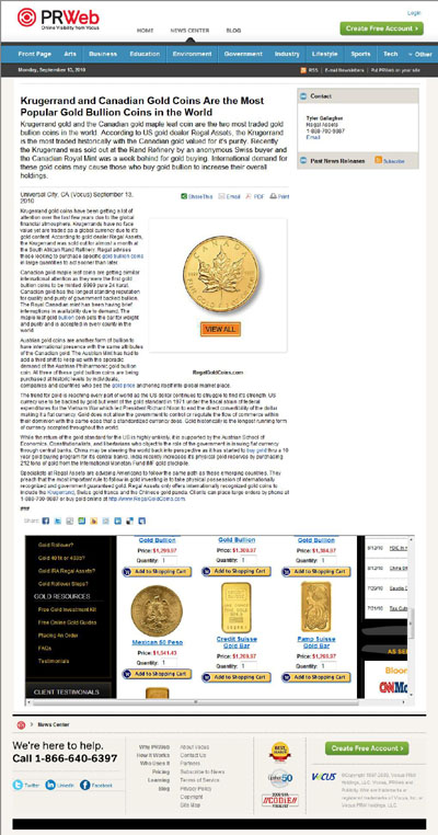 PRWeb & Regal Assets Press Release Using Our PAMP Suisse Fortuna Gold Bar Photograph